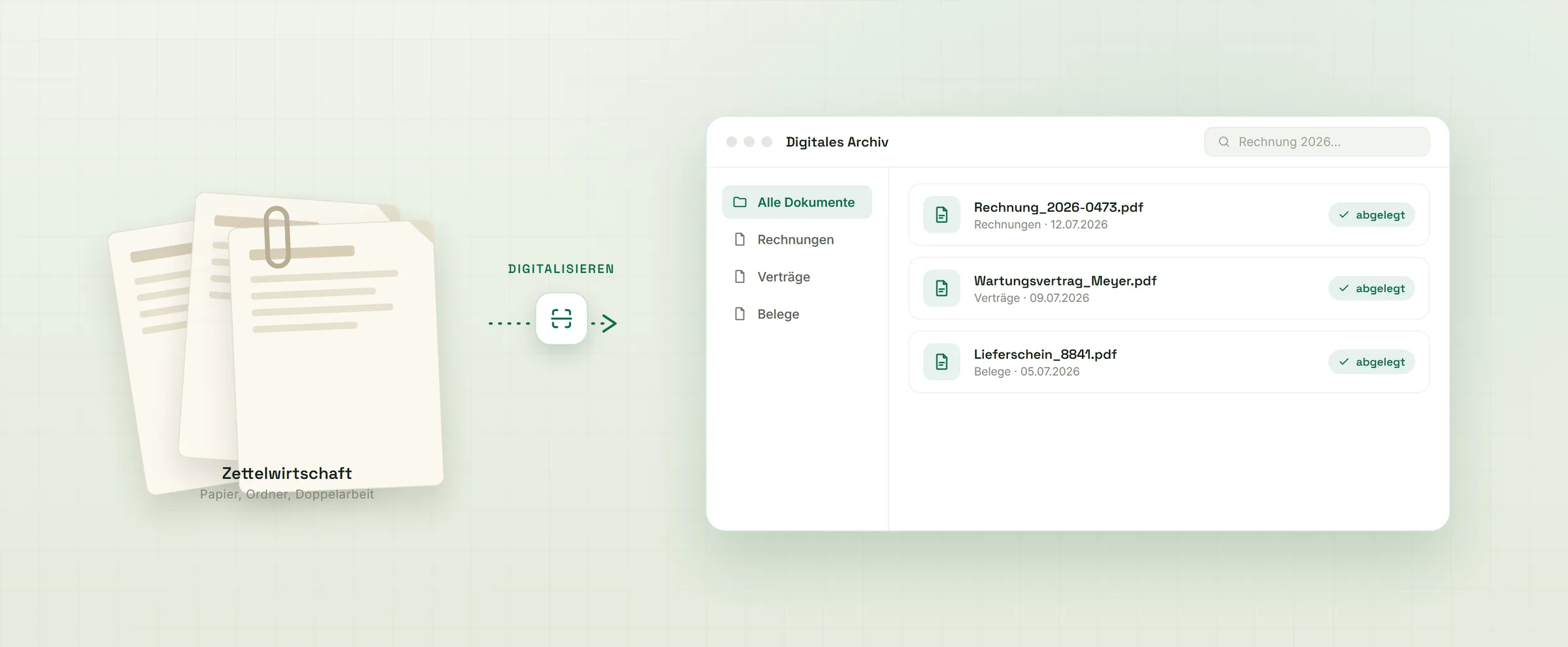 Digitalisierungs-Ablauf: Papier-Eingang scannen, Dokumente strukturieren, prüfen und sicher archivieren